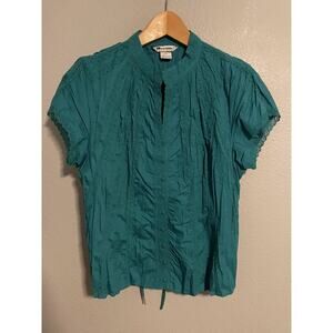 Nygard Collection Top Womens Petite 12 Green Crochet Pleated Cottagecore Prairie